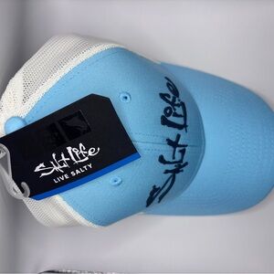 Salt Life Trucker Hat in Light Blue and White with Script Logo